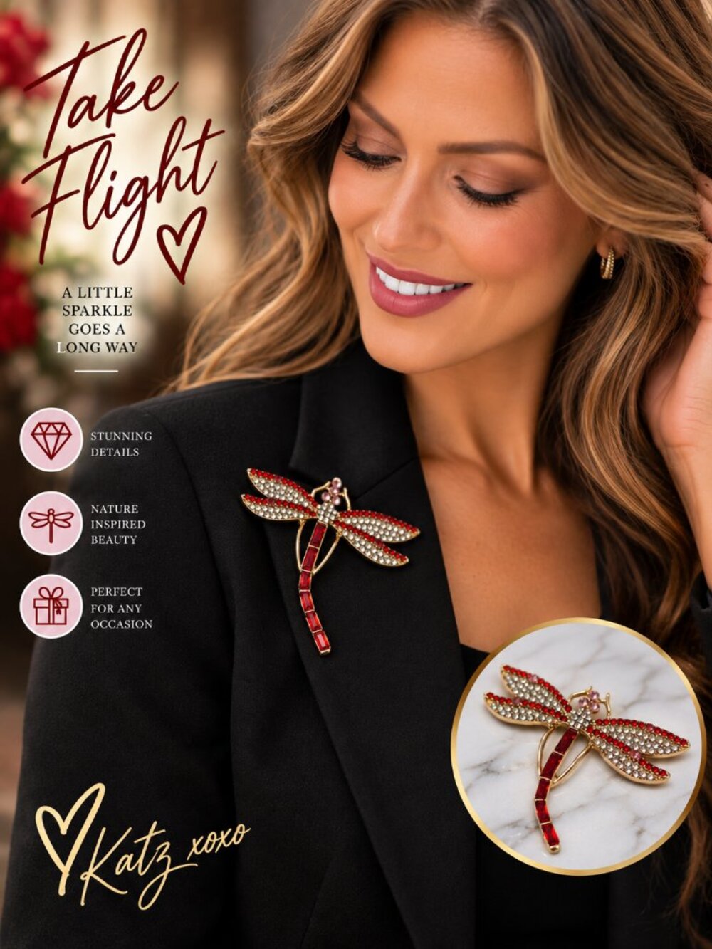 Red Crystal Dragonfly Brooch Gold Tone Rhinestone Insect Statement Pin Jewelry